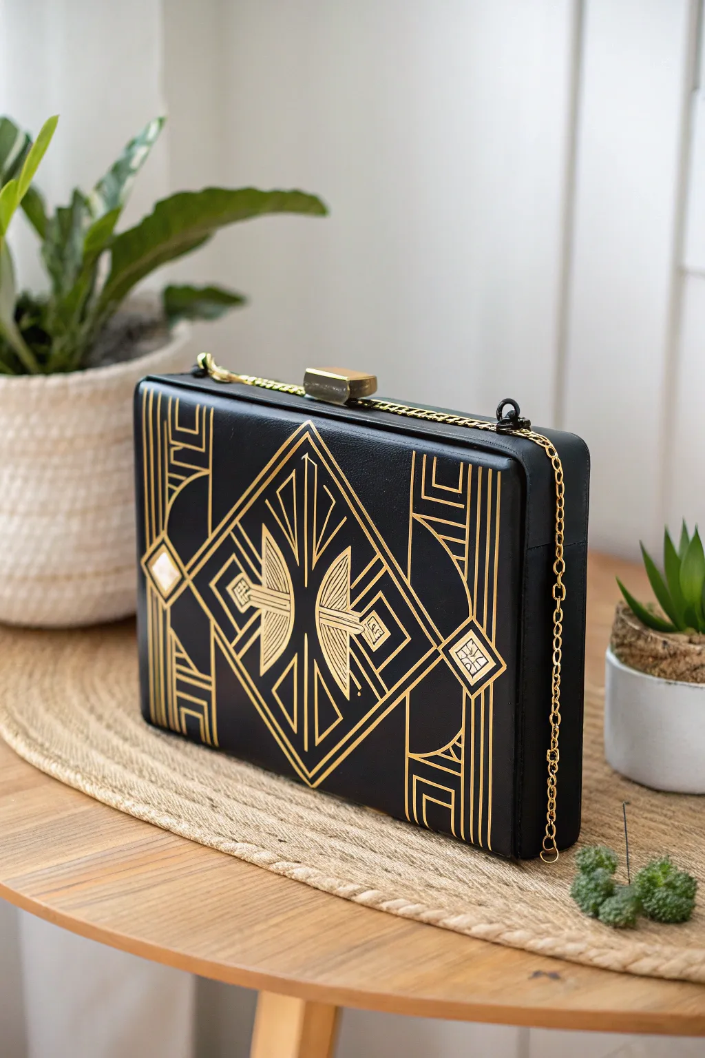 Step into the glamour of Art Deco with this stunning painted purse, where vintage elegance meets modern simplicity.