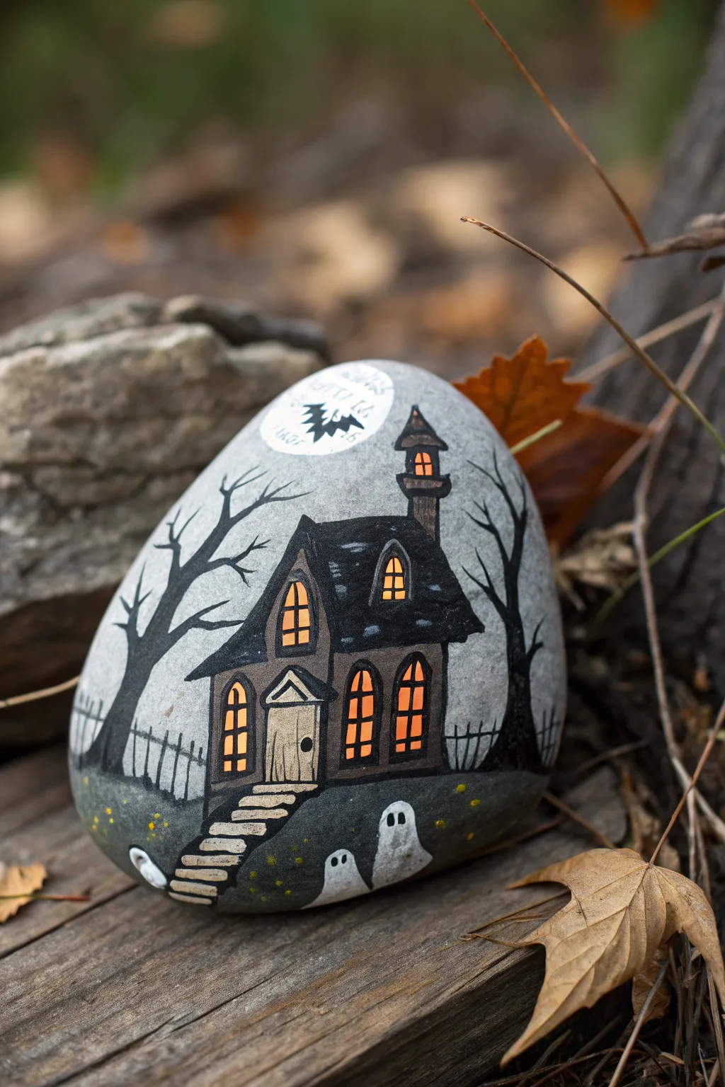 Transform a simple stone into a spooky masterpiece with this haunted house rock idea!