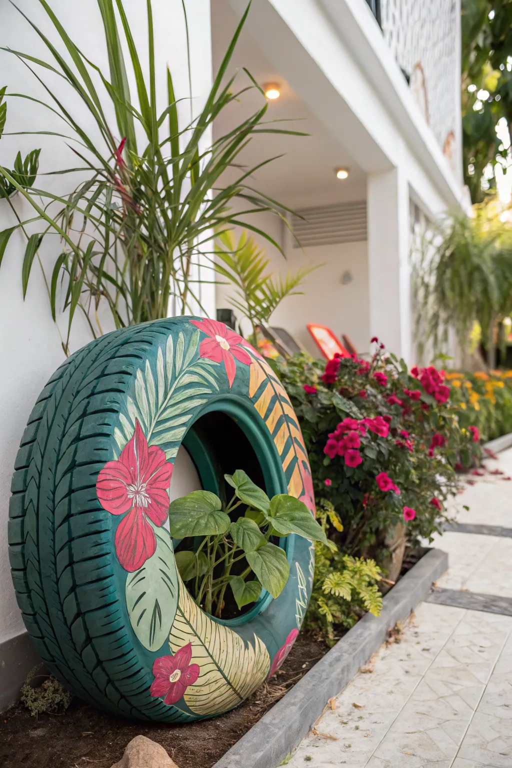 Transform your garden into a tropical paradise with this stunning painted tire planter!