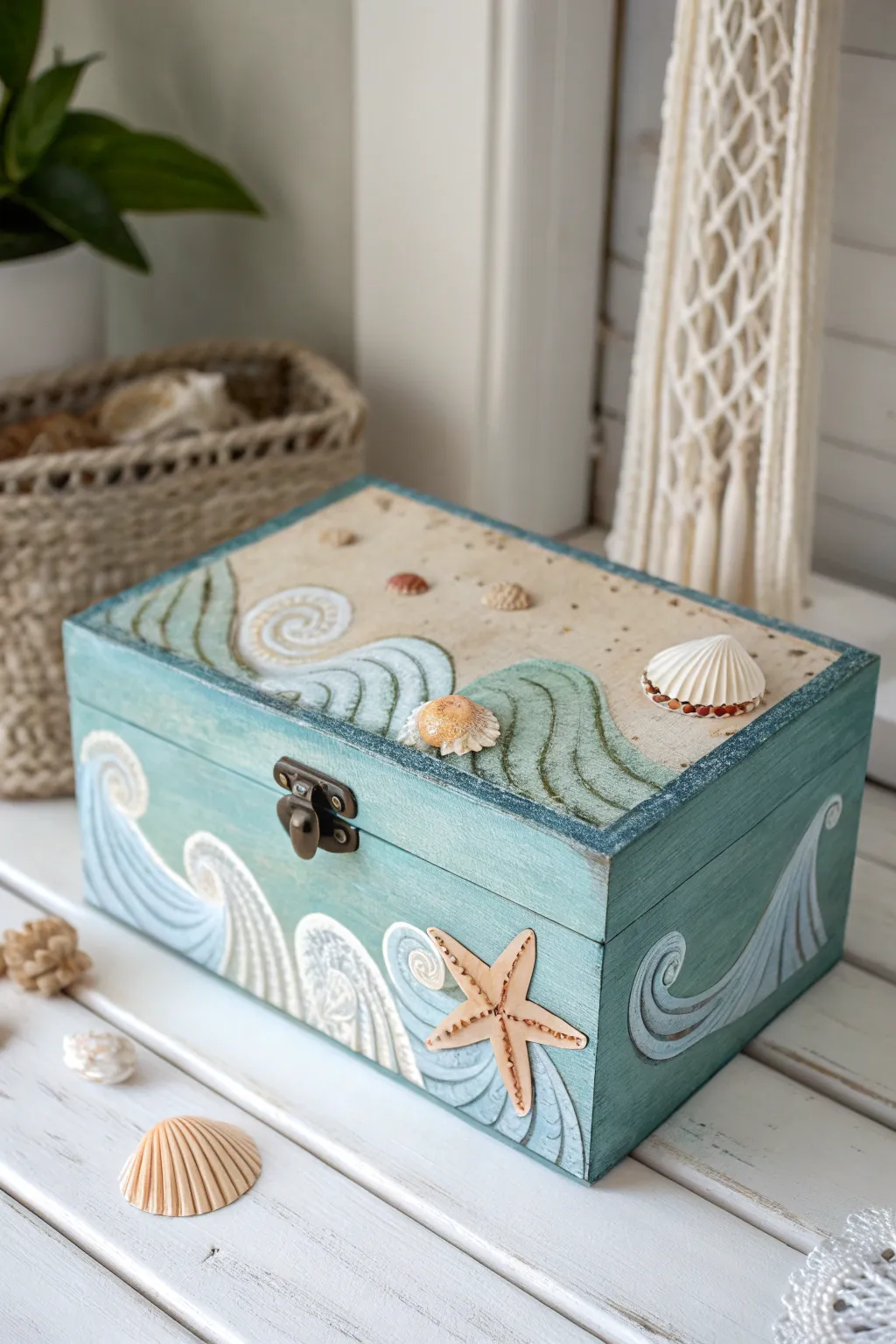Bring the calming essence of the seaside into your home with this beautifully crafted wooden box, perfect for adding a touch of ocean-inspired elegance.