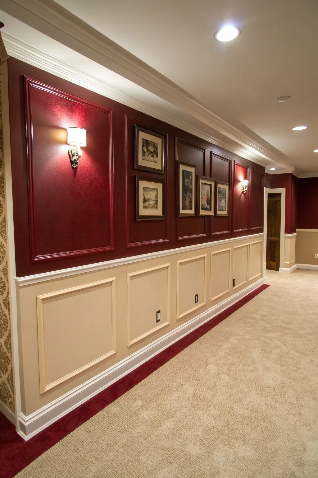 Elevate your basement with the timeless elegance of burgundy and cream.