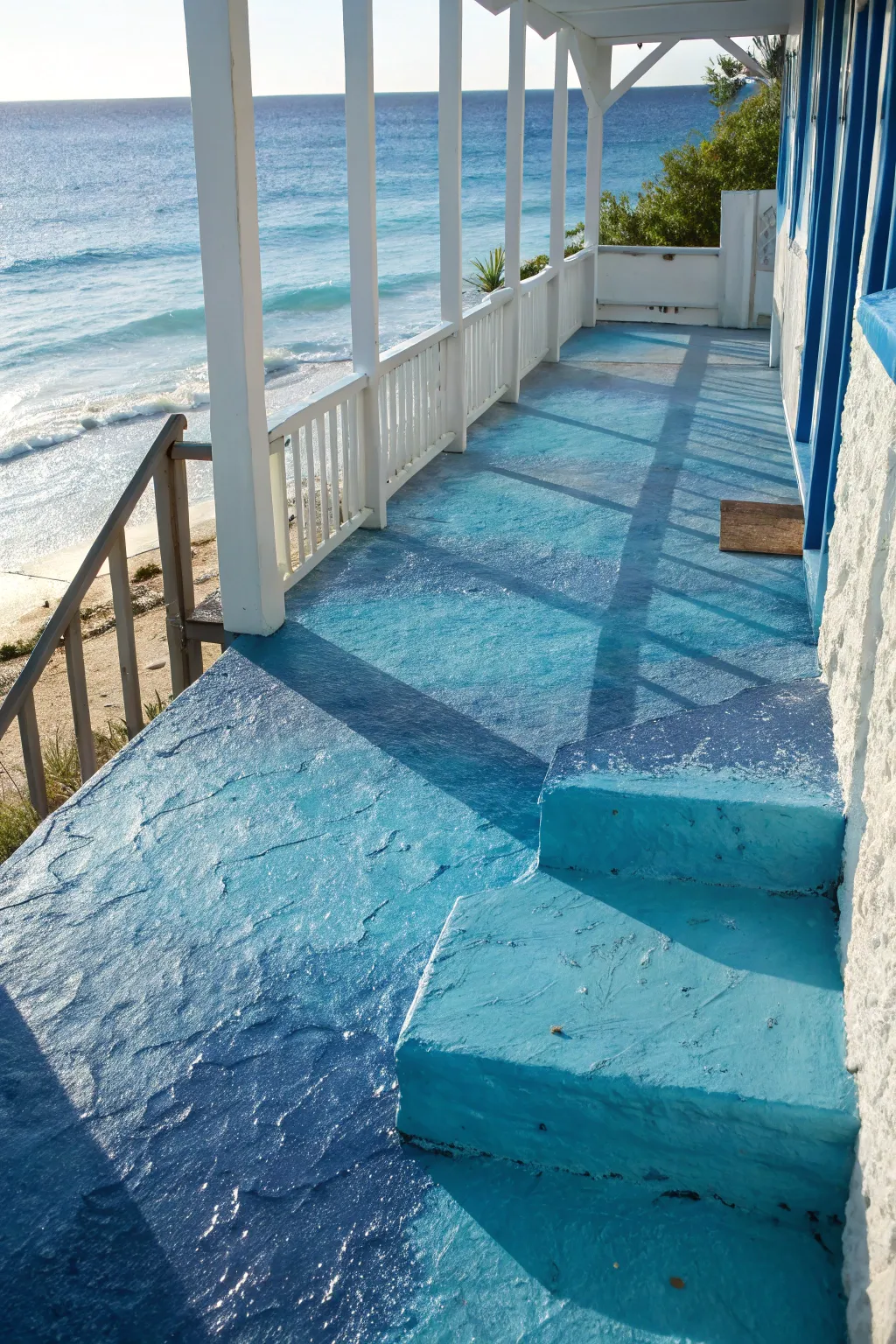Transform your porch into a seaside retreat with calming blue hues.