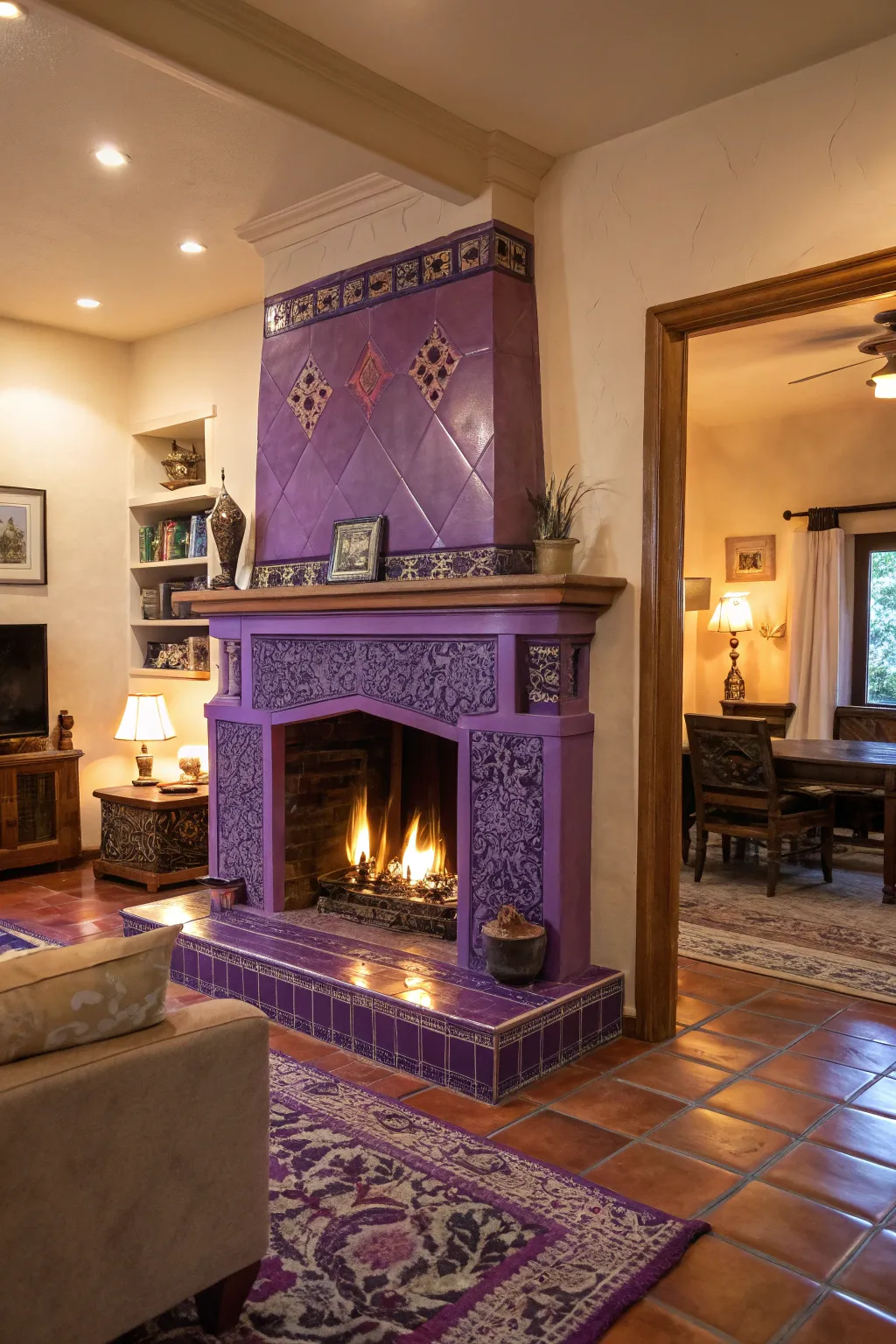 Purple tiles bring a mystical and enchanting ambiance.
