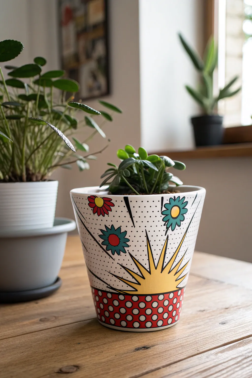 Add a splash of comic charm to your space with this vibrant, hand-painted flower pot!