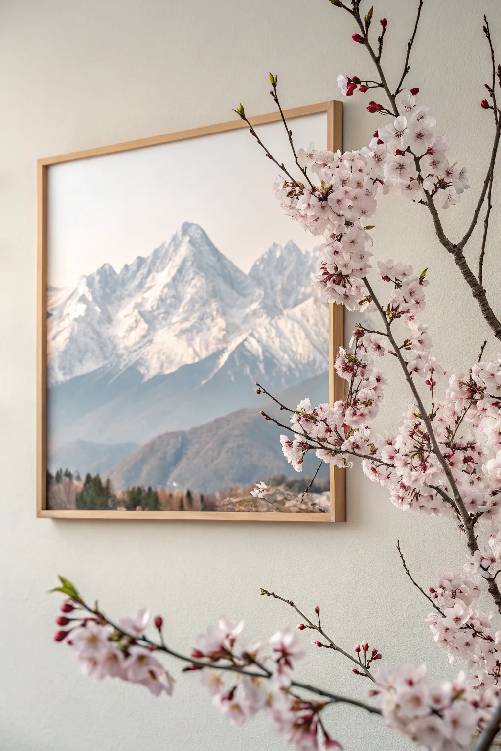 Embrace the tranquility of nature with this serene mountain and cherry blossom painting, perfect for adding a touch of minimalist elegance to your space.