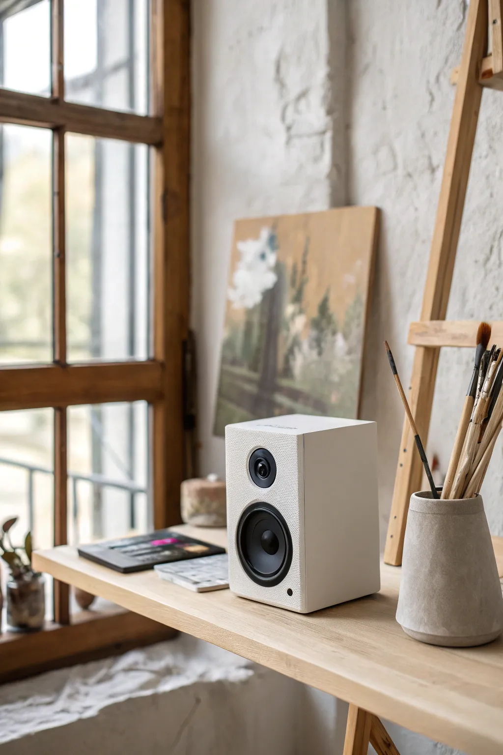 Elevate your painting experience with the perfect playlist from a minimalist sound system.
