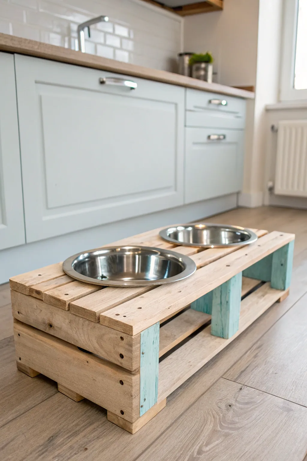 Elevate your pet's dining experience with this charming DIY pallet feeding station, blending minimalist design with a touch of boho flair.