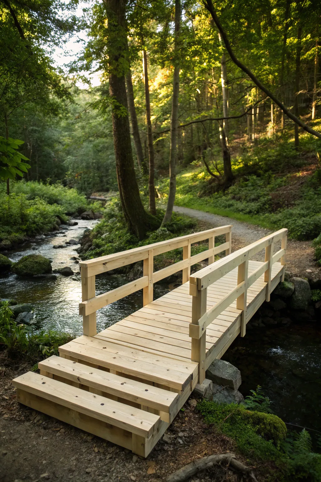 Embrace simplicity with a minimalist pallet bridge, blending seamlessly into nature's beauty.