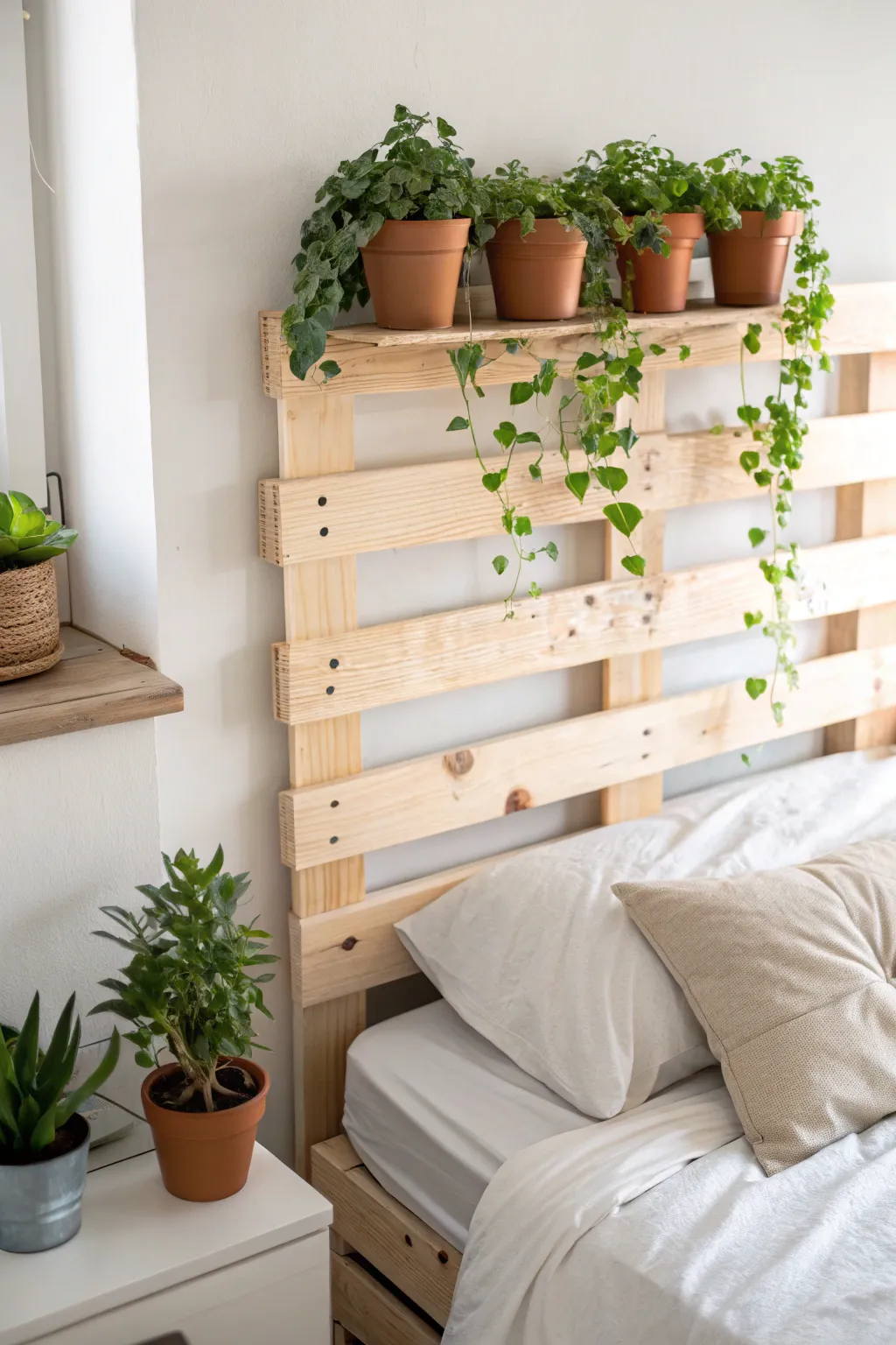 Wake up to the serene beauty of nature with a pallet headboard that brings the outdoors in.