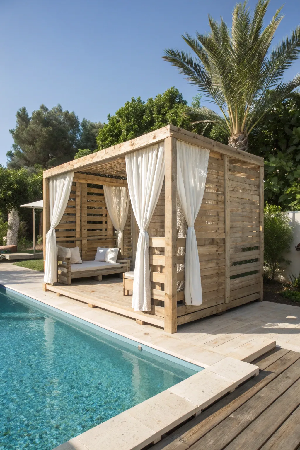 Transform your backyard into a tropical getaway with this stunning pallet poolside cabana.