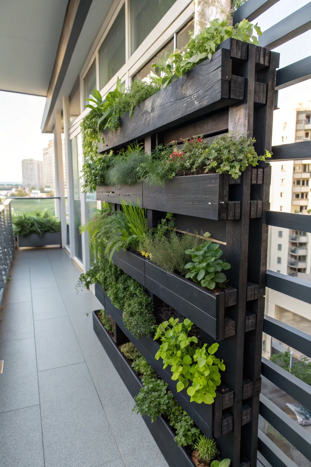 Transform your balcony into a lush urban oasis with sleek pallet planters.