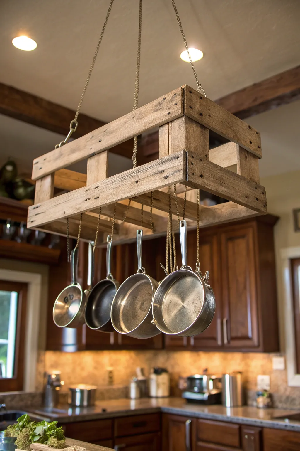 Transform your kitchen with a rustic pallet pot rack—stylish organization meets charm.