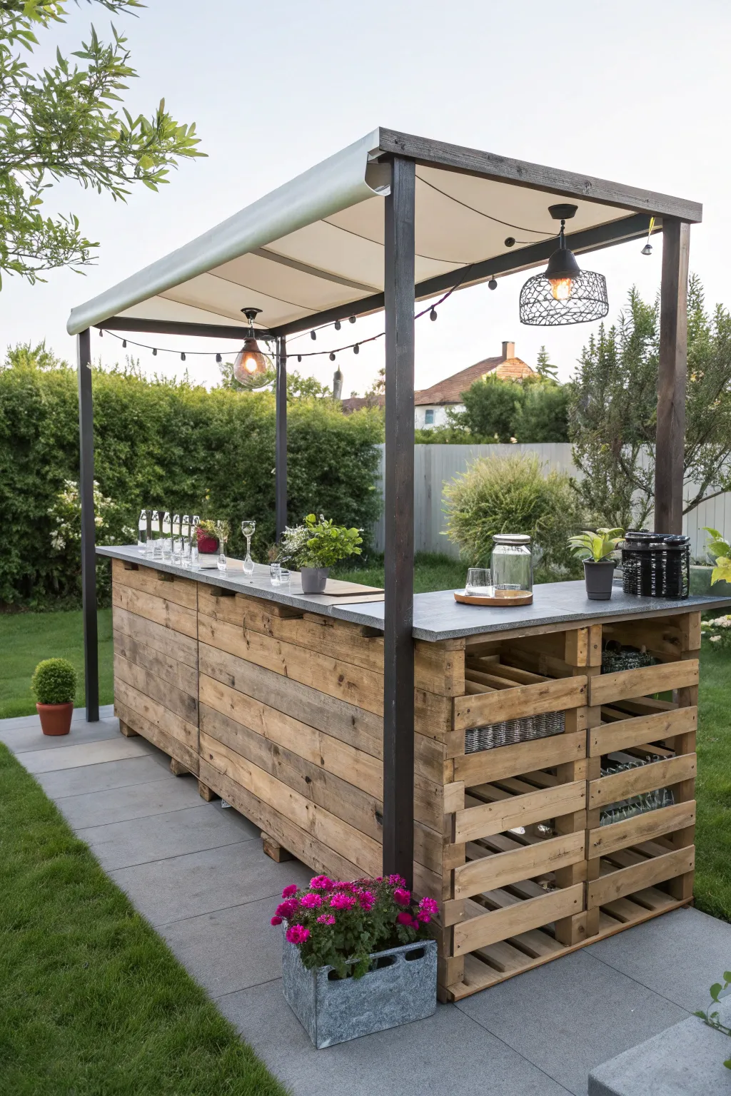 Sip in style beneath the shade of a trendy pallet bar canopy.
