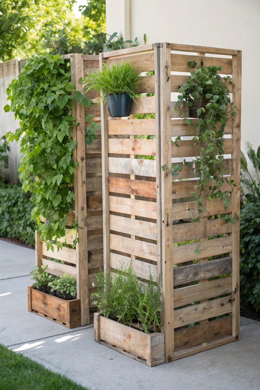 Elevate your garden's style with a chic pallet divider, blending function with natural beauty.