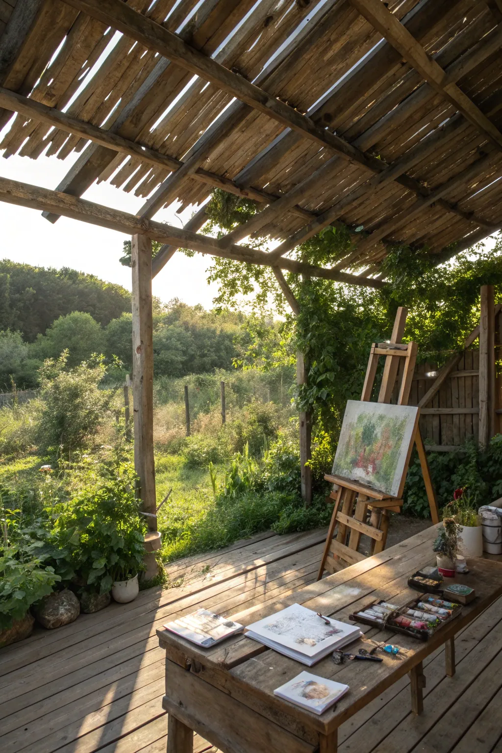 Craft your masterpiece under a pallet roof, where nature meets creativity.