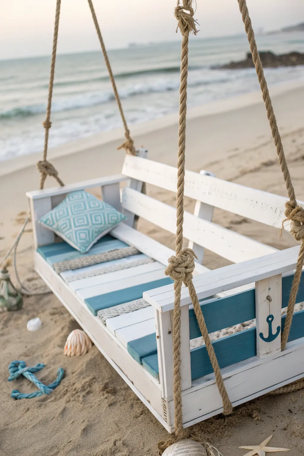 Transform your space into a seaside sanctuary with this stylish pallet swing.