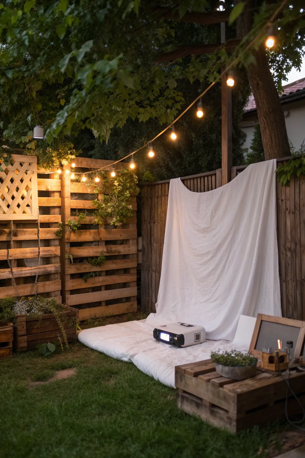 Transform your backyard into a cinematic oasis with a pallet wall movie screen under the stars.