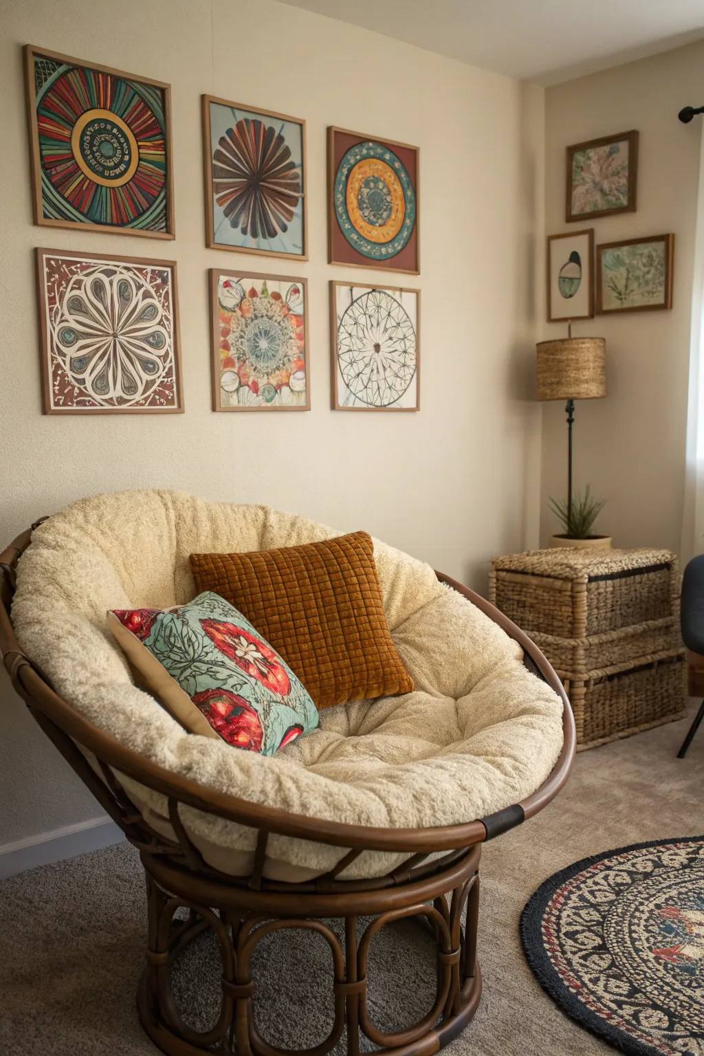 Wall art enhances the style of a papasan chair nook.