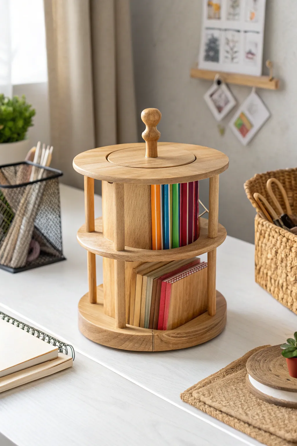Transform your workspace with this elegant rotating carousel for effortless paper organization. #MinimalistLiving #ScandiBoho