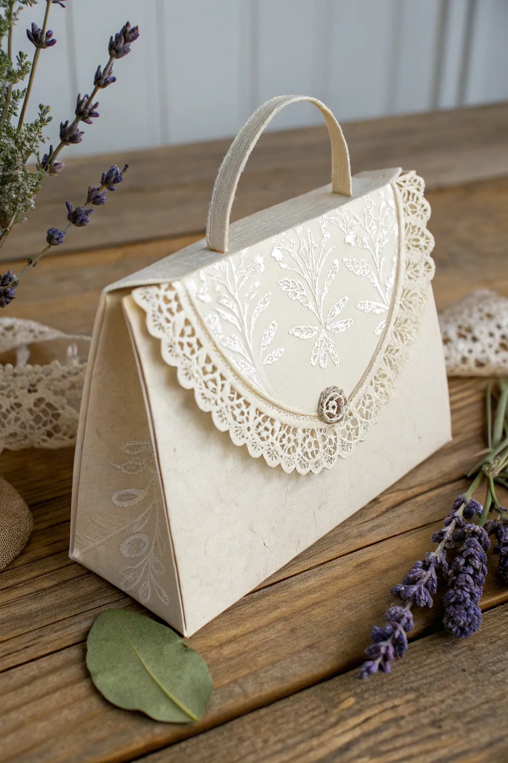 Embrace elegance with a lace-trimmed paper purse, perfect for capturing romantic moments.