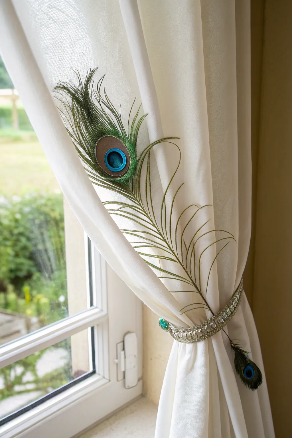 Elevate your space with the elegant charm of peacock feather tiebacks.