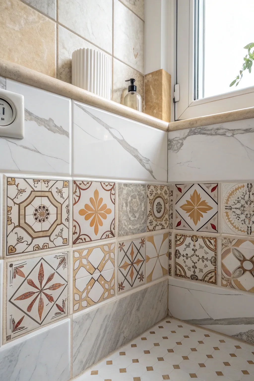 Elevate your bathroom's charm with a creative mix of peel and stick tiles for a touch of elegance and simplicity.