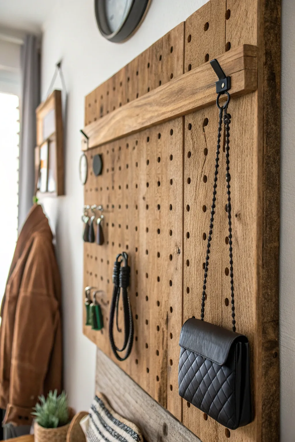 Transform your space with eco-friendly elegance: A reclaimed wood pegboard that combines sustainability with style.