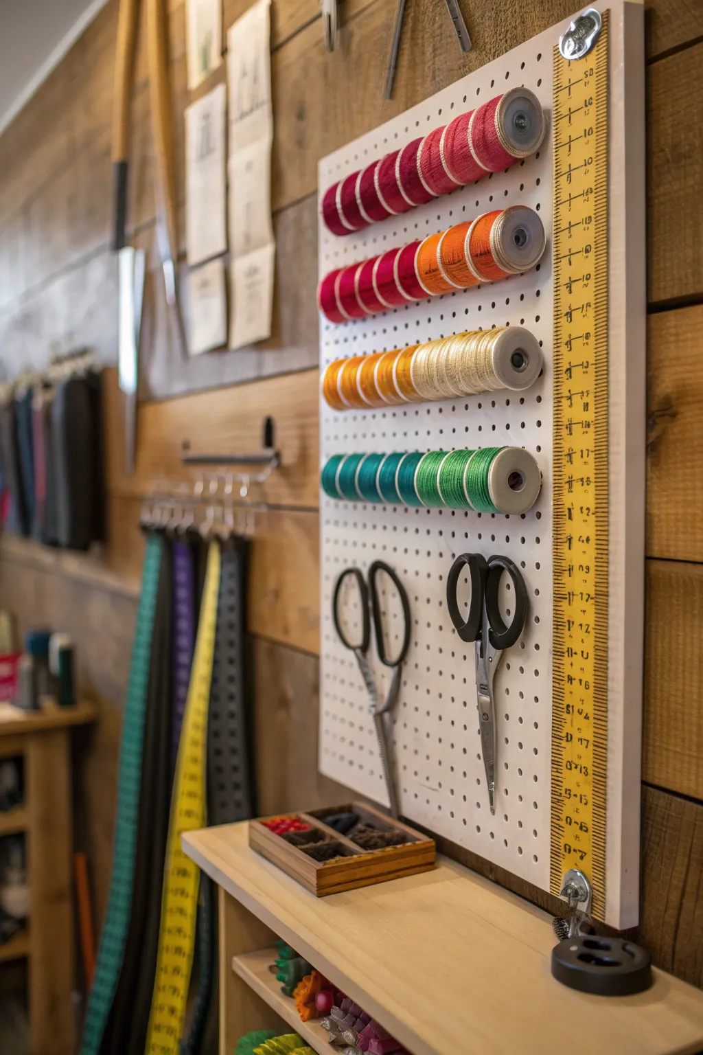 Transform your sewing space with a pegboard that combines functionality with style.