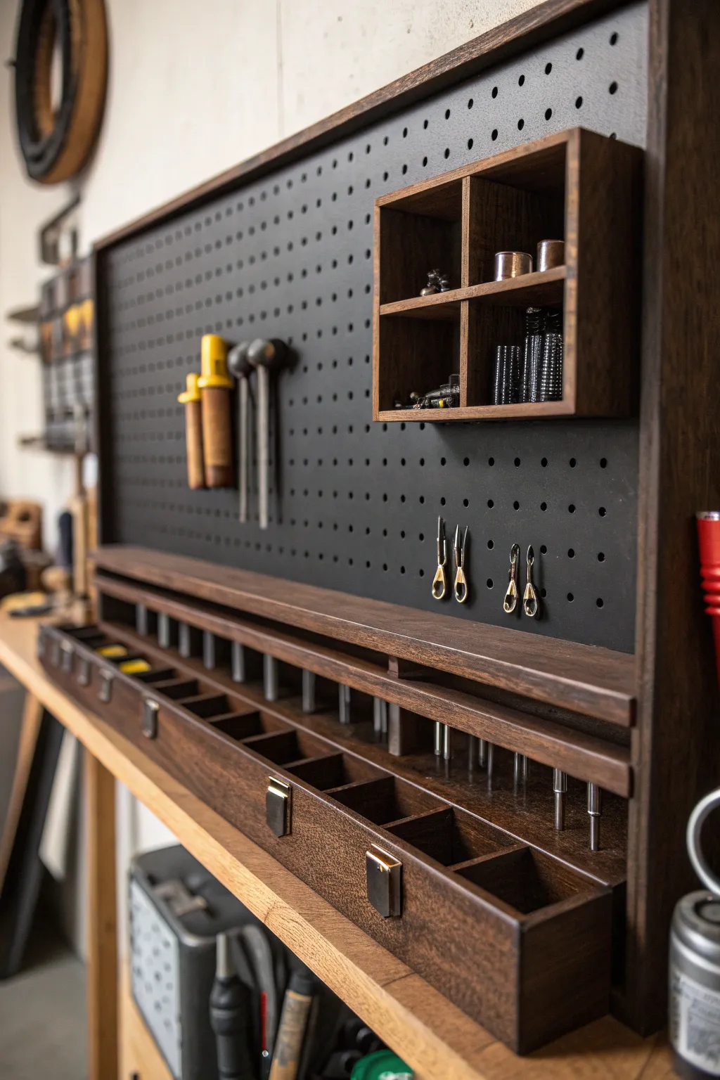 Transform your workshop into a haven of order with stylish pegboard shelves.