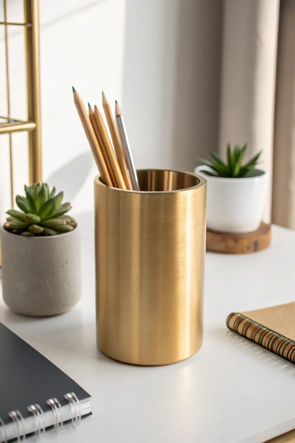 Elevate your workspace with this faux brass pencil holder - where elegance meets simplicity.
