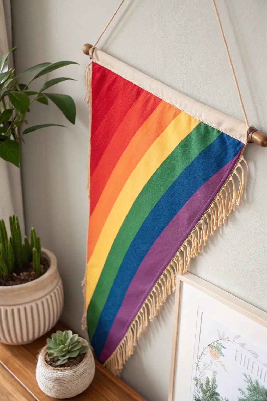 Add a splash of color and energy with a bold rainbow pennant, perfect for brightening up any minimalist space!