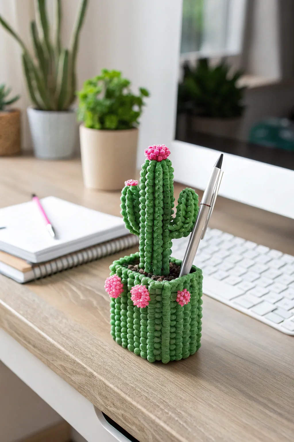 Add a touch of quirky charm to your workspace with this handcrafted perler bead cactus pen holder!