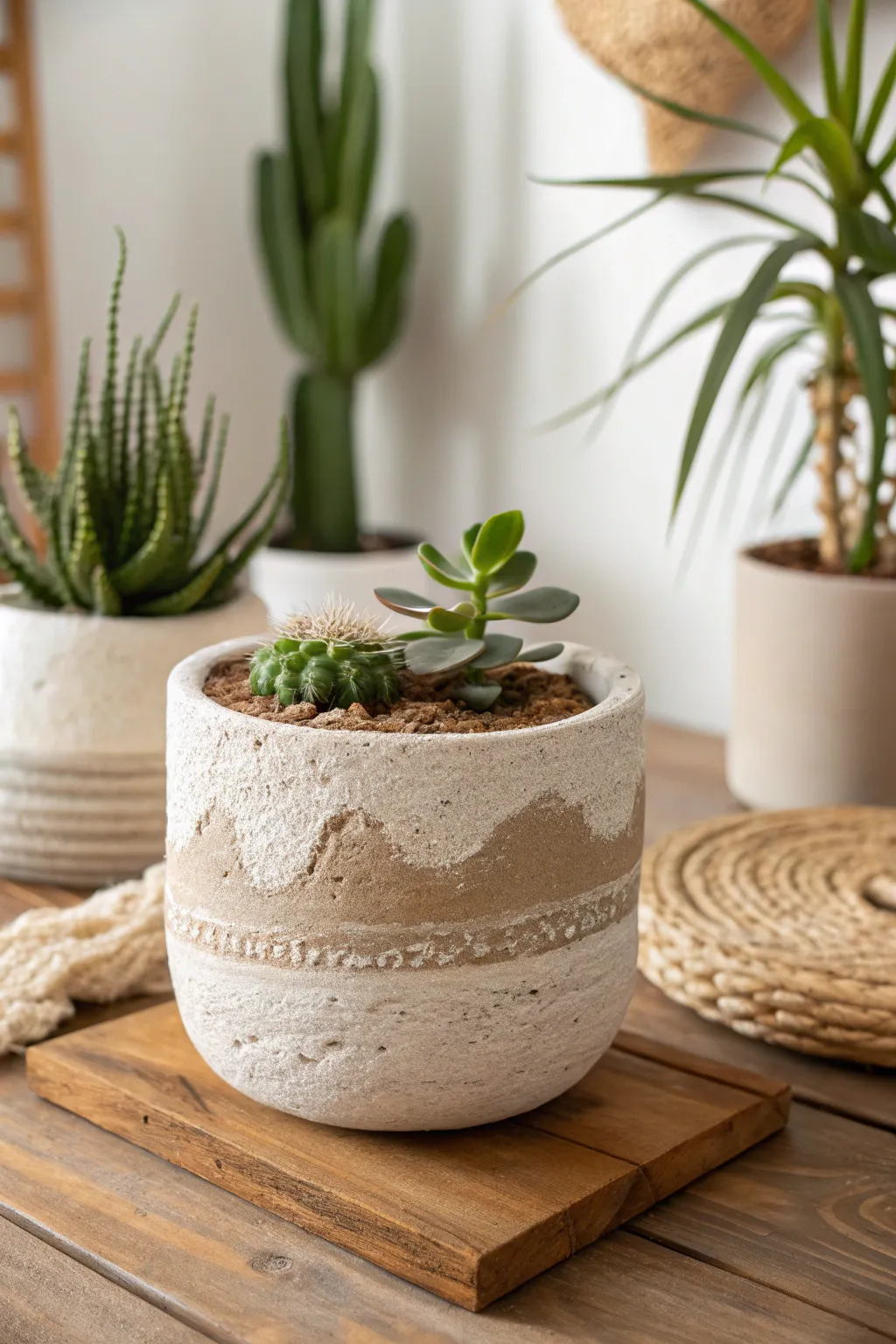 Embrace tactile elegance with a personalized clay planter that blends smooth and sandy textures for a serene, beach-inspired aesthetic.