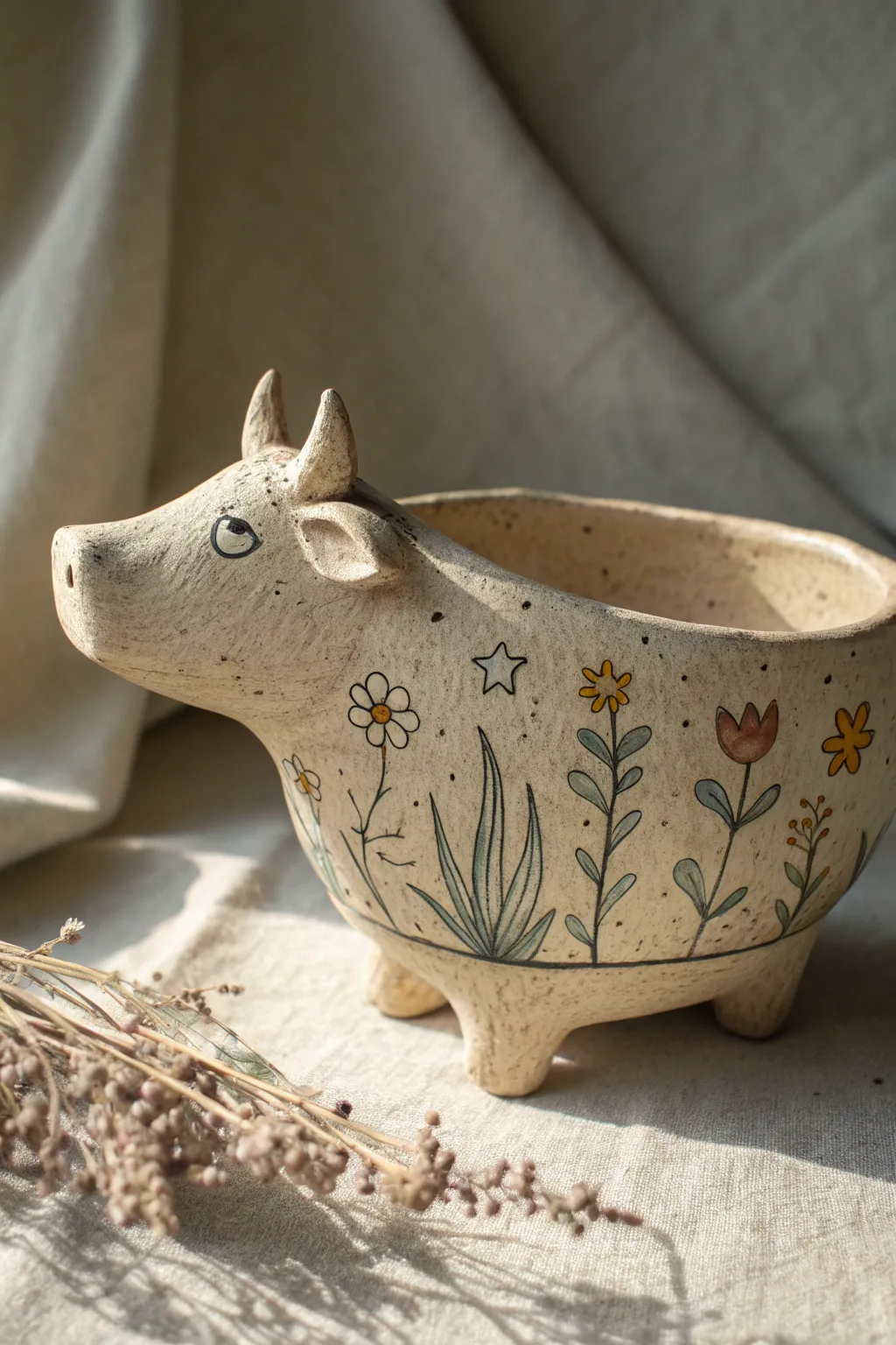 A charming cow pot that tells a tale of whimsical meadows and starry nights. Let your decor spark imagination and conversation.