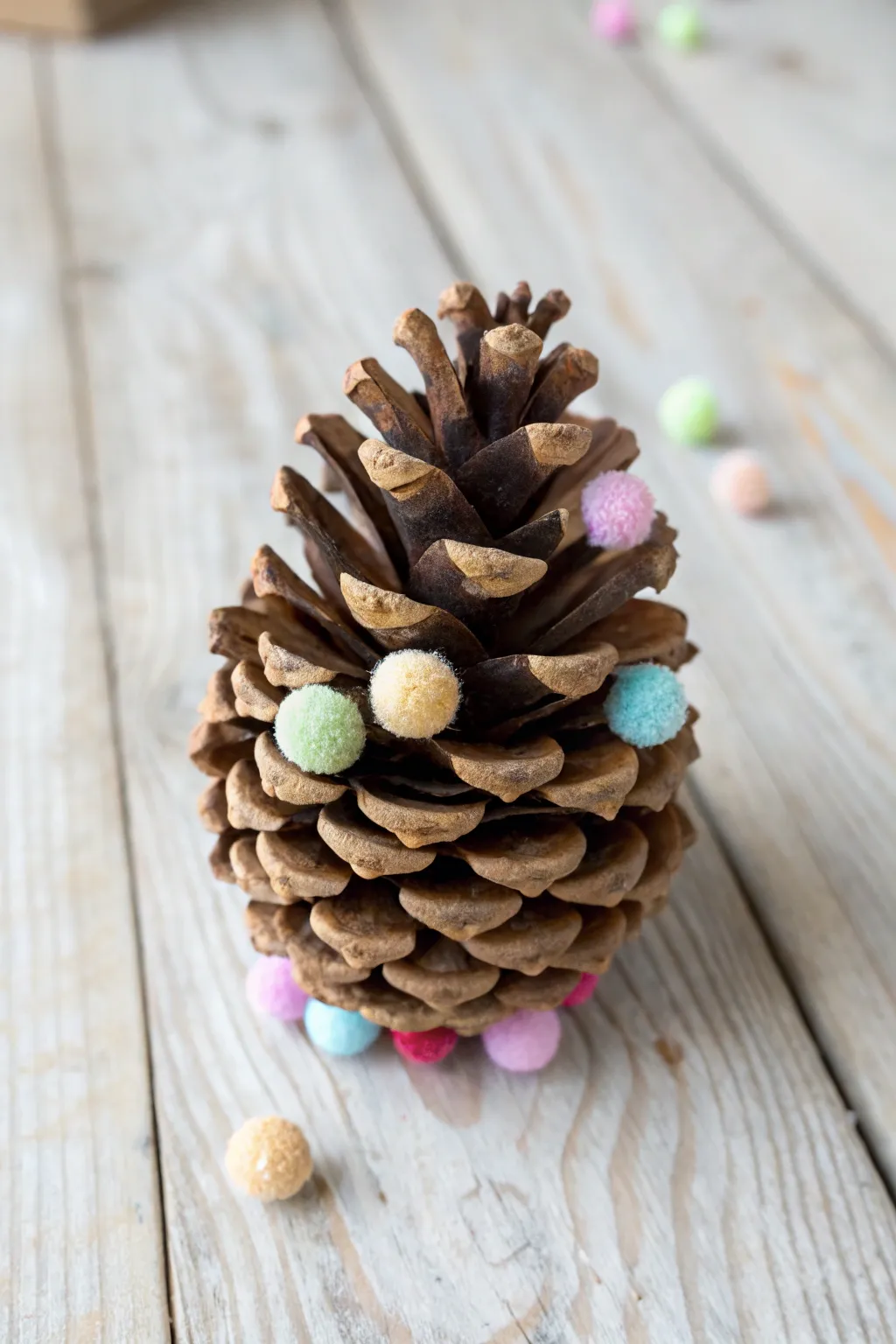 Crafted with love: A minimalist pine cone bursting with playful colors brings joy to any space.