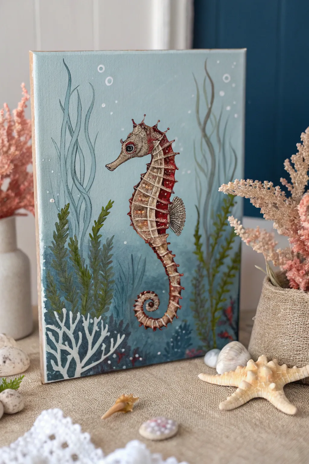 Discover serenity in the depths with this elegant seahorse painting, where simplicity meets the vibrant hues of the ocean.