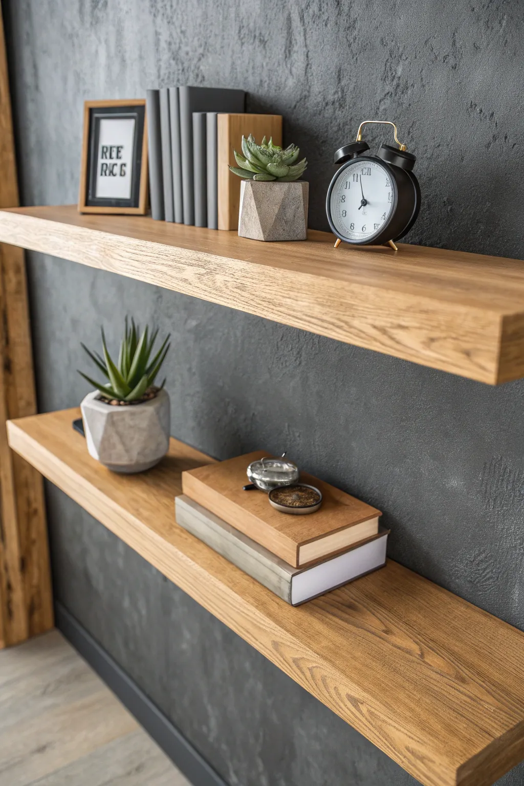 Elevate your space with the timeless elegance of wooden floating shelves.