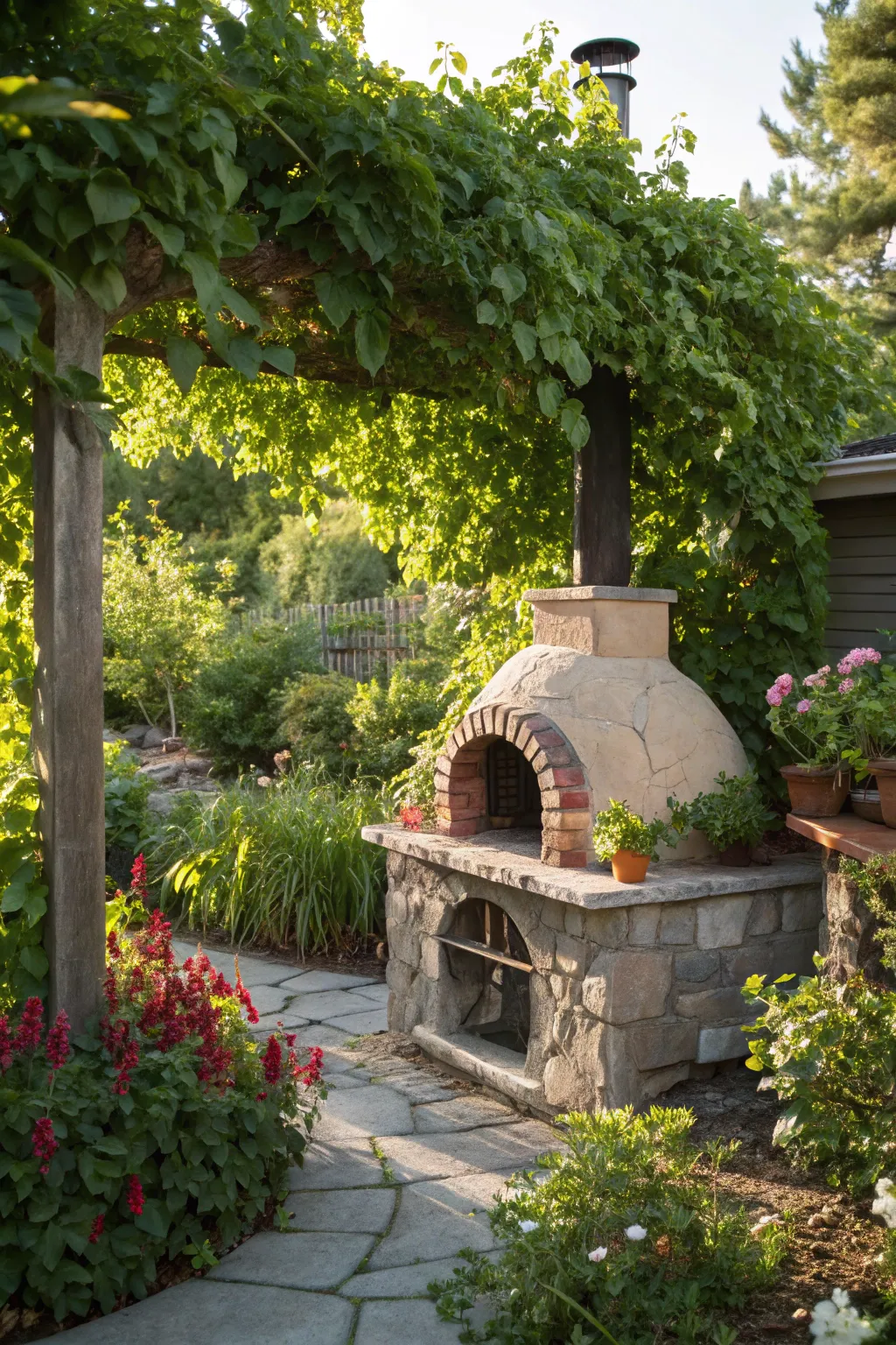 Transform your garden into a culinary paradise with a rustic pizza oven stand embraced by nature.