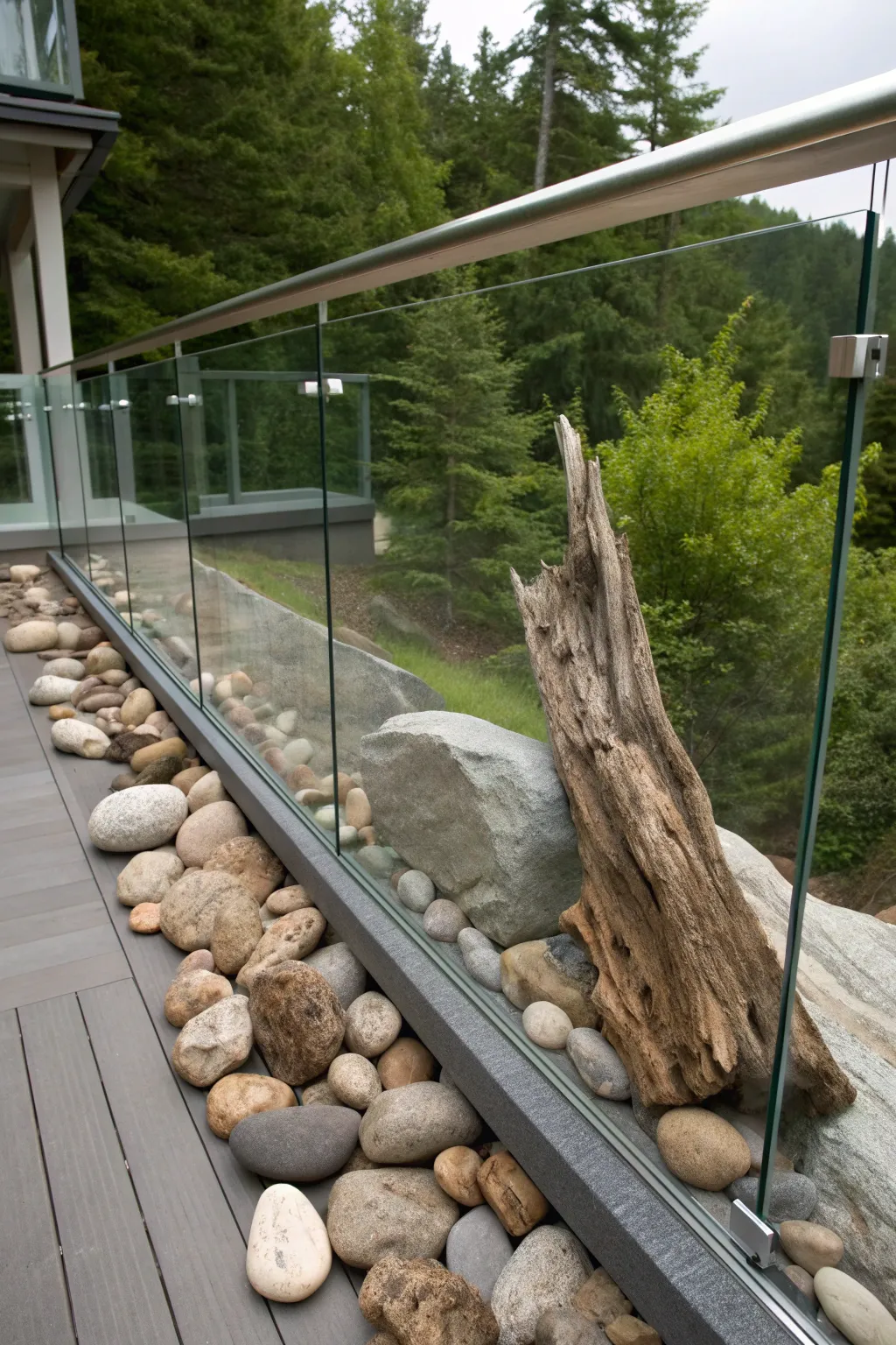 Elevate your outdoor space with a stunning plexiglass railing enhanced by nature's touch.