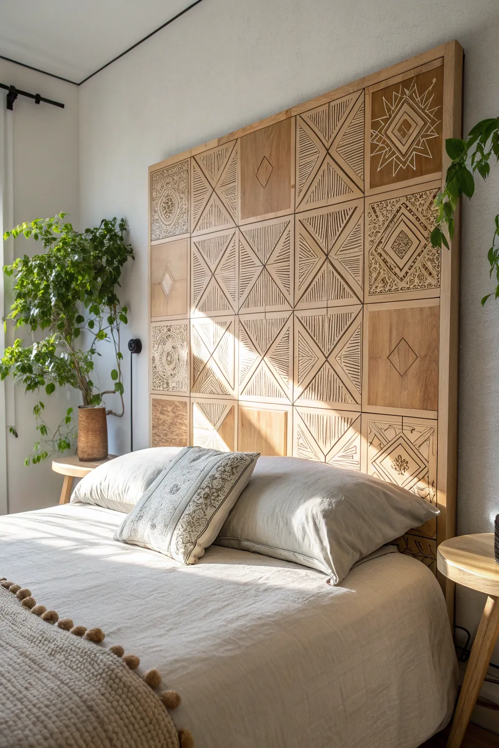 Transform your space effortlessly with these chic, customizable plywood headboard panels. A blend of Scandinavian minimalism and Boho charm!