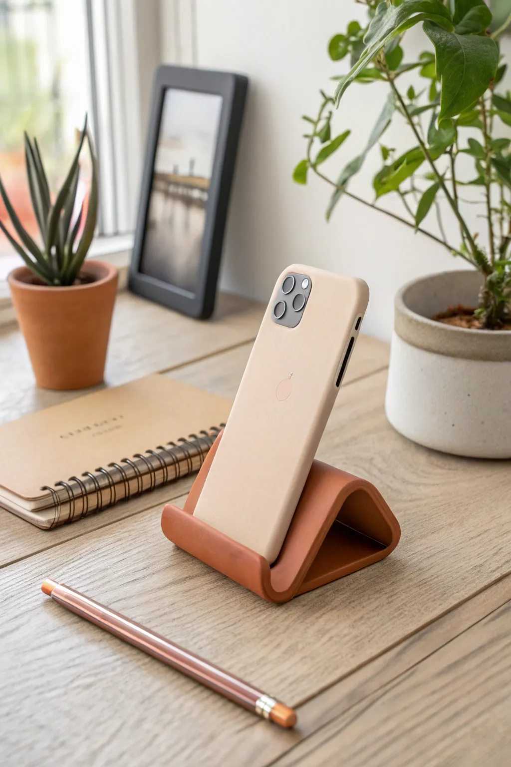Elevate your workspace with a handcrafted polymer clay phone stand that combines simplicity and style.