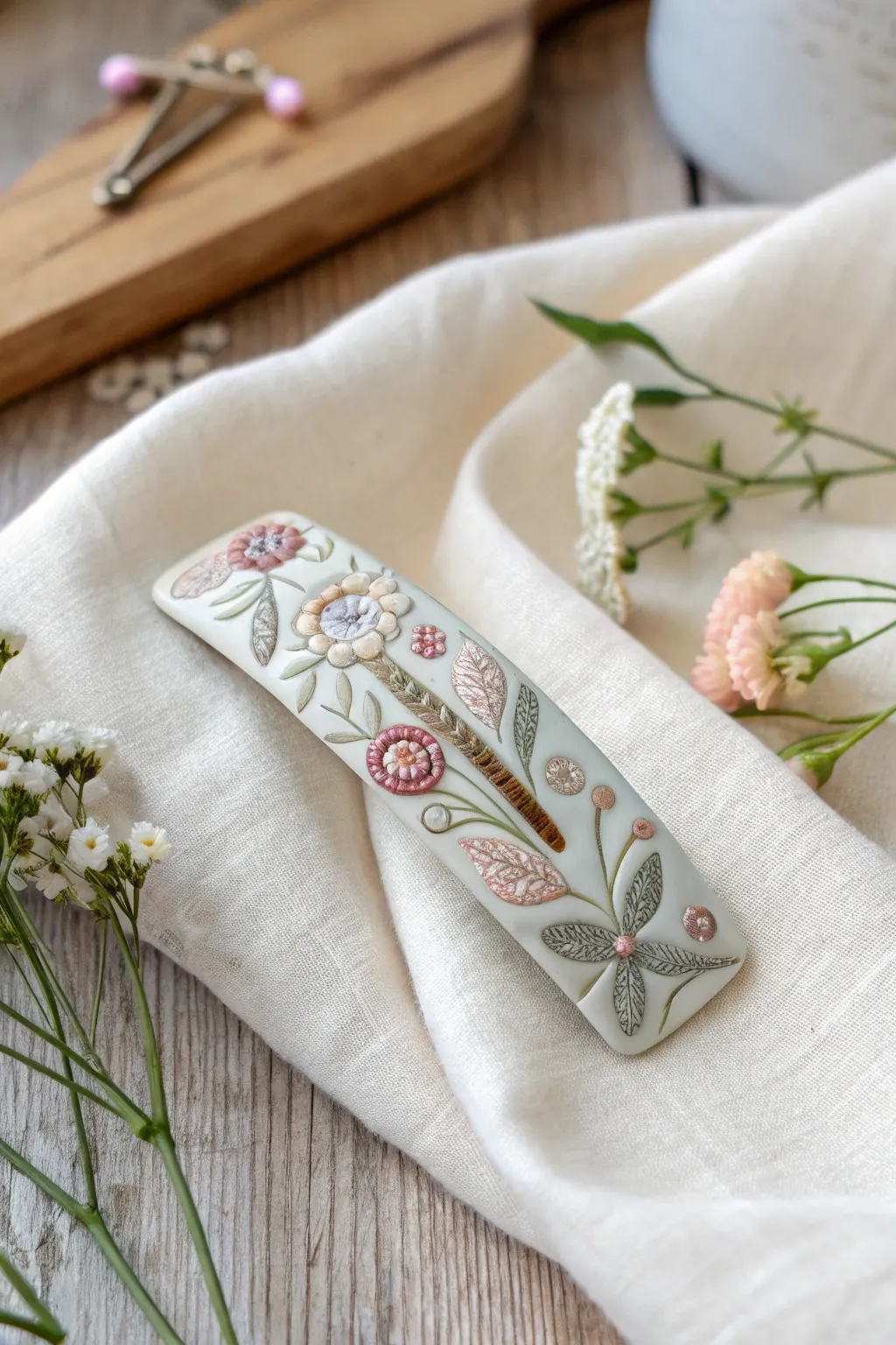 Elevate your hairstyle with handcrafted elegance: a polymer clay hair clip inspired by nature's beauty.