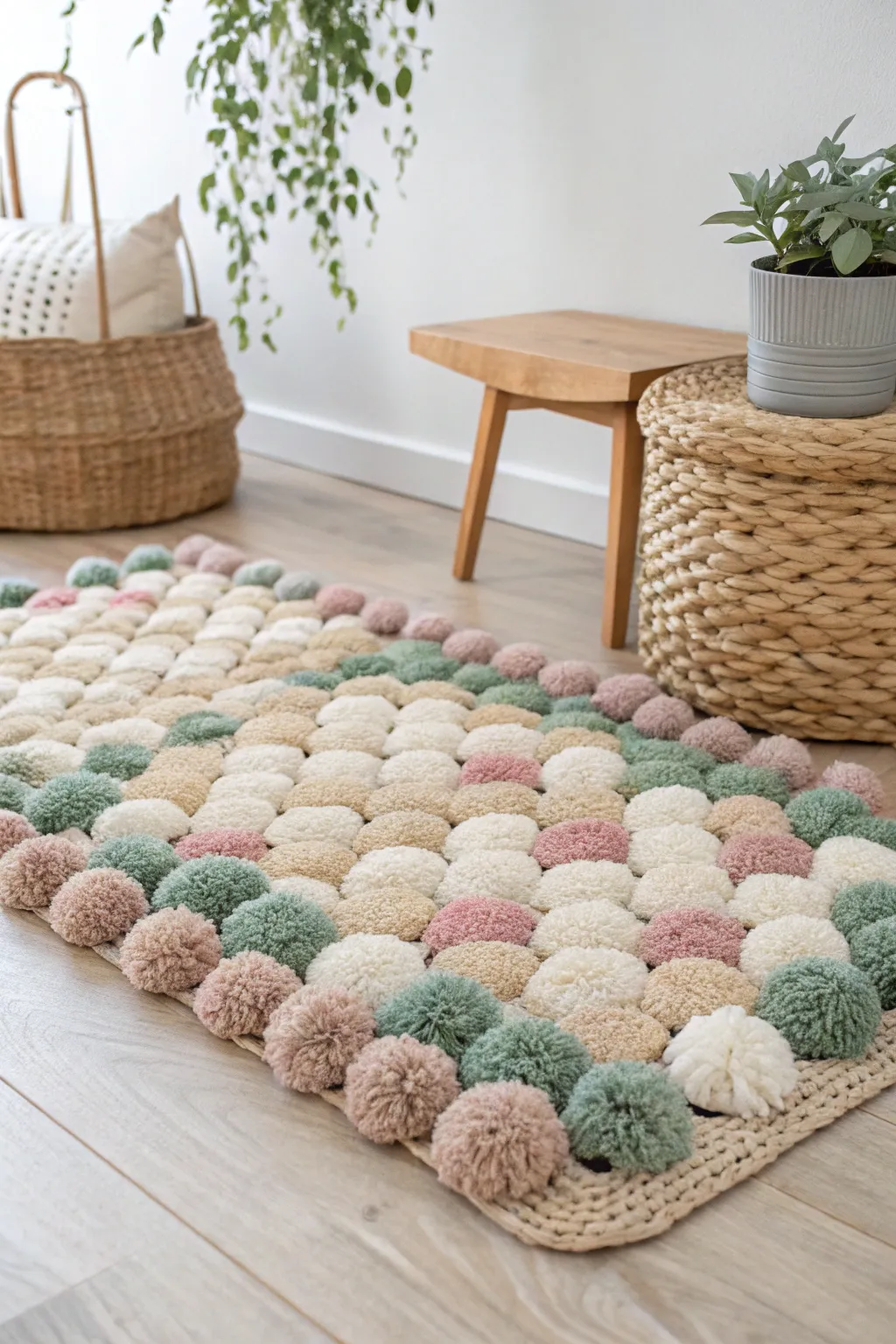 Step into art with every step! This pom pom rug turns your floor into a canvas of cozy elegance. #UnderfootArt #ScandiBoho #PomPomRug