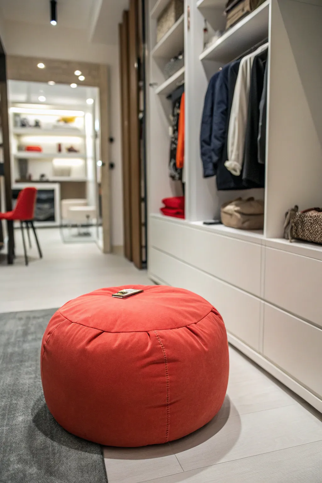 A vibrant poof acts as a bold focal point in this small space.