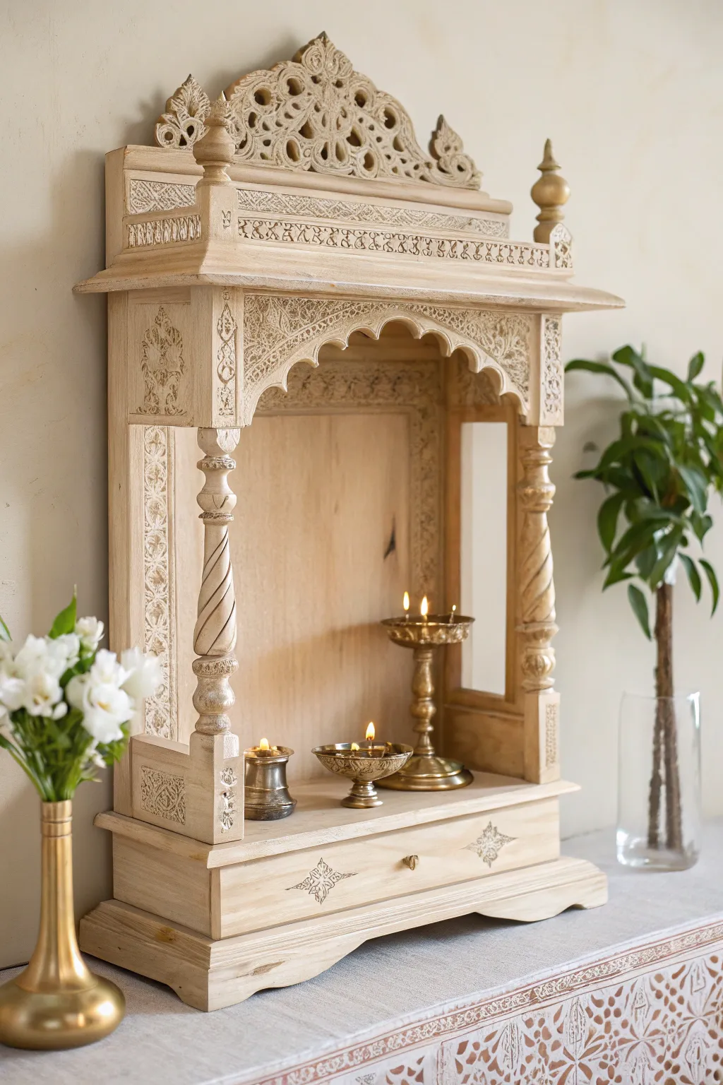 Elevate your sacred space with a stunning ledge mandir that combines minimalism and elegance.