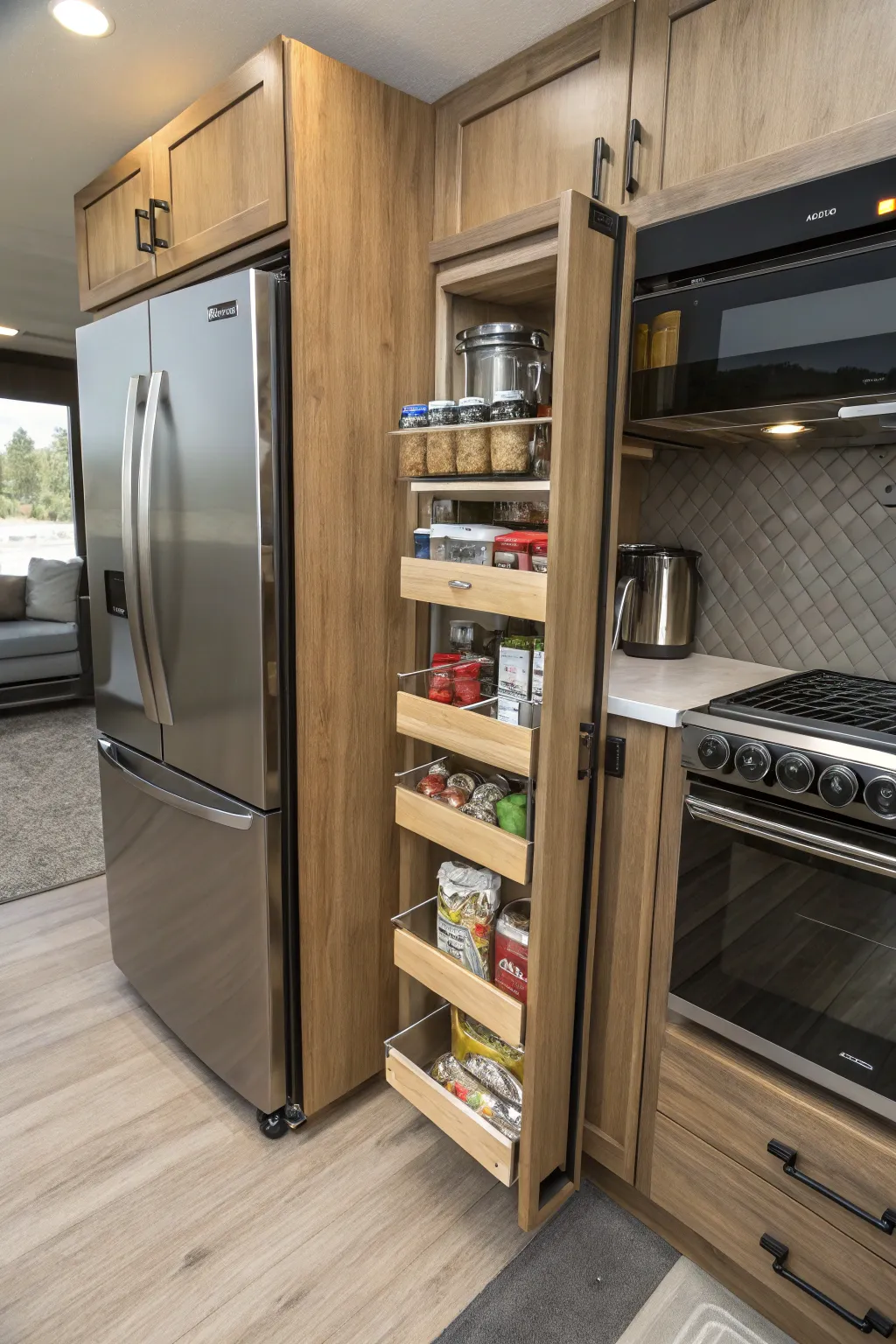 Maximize your camper's space with a stylish pull-out pantry—where convenience meets elegance.