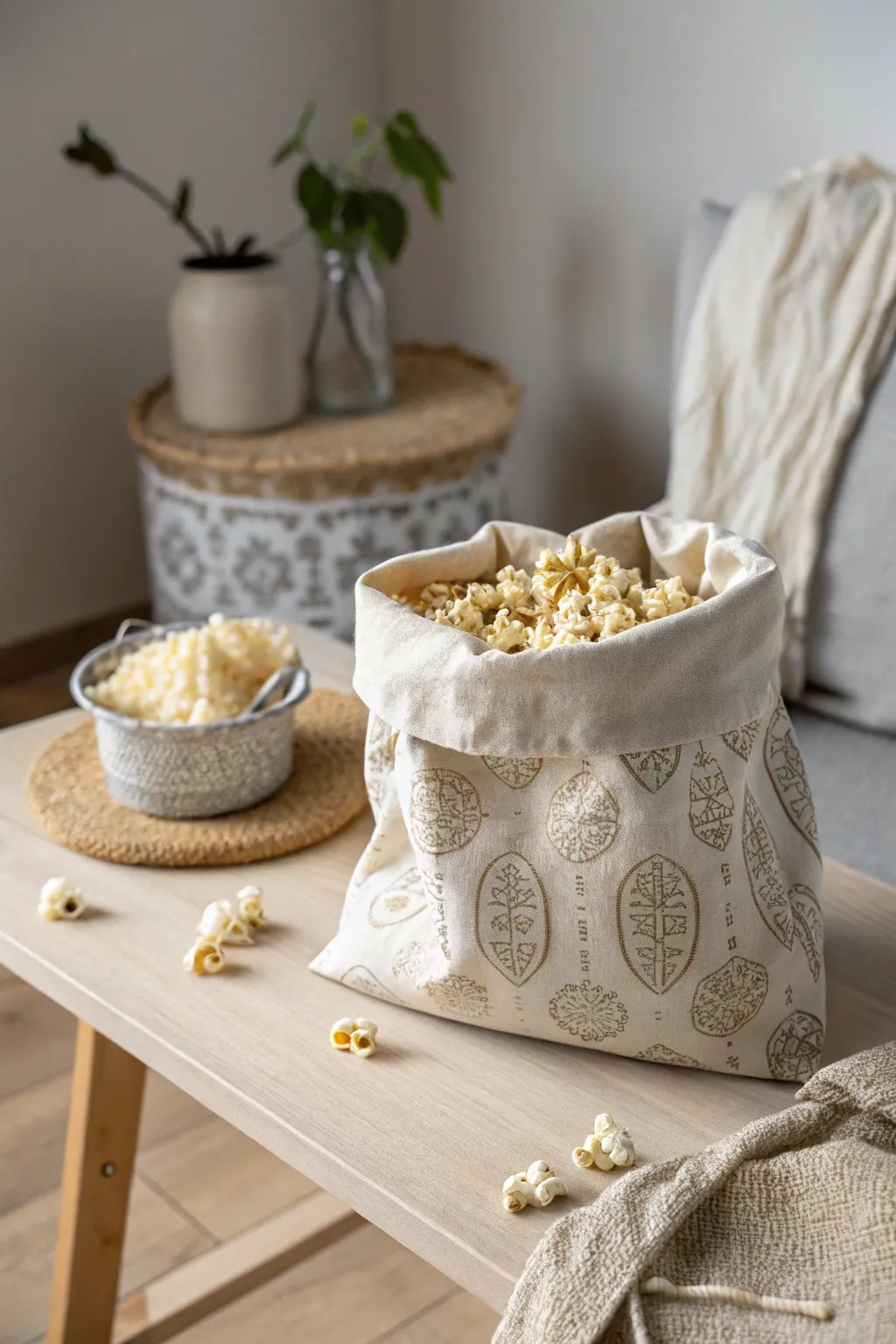 Elevate your party favors with eco-chic elegance: Popcorn in reusable fabric bags.