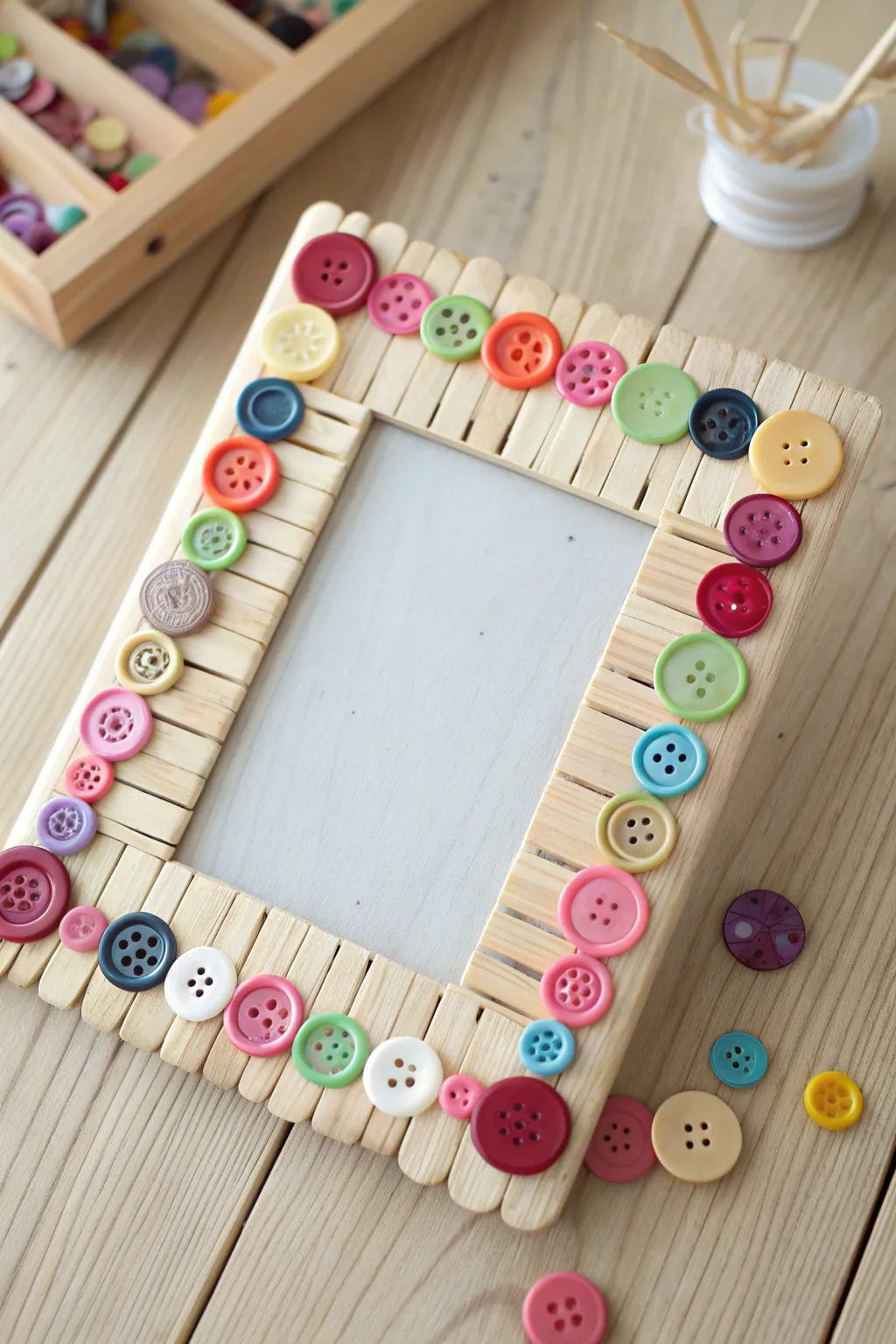 Transform your popsicle stick frame into a vibrant masterpiece with colorful button embellishments. Perfect for adding a playful touch to your decor!