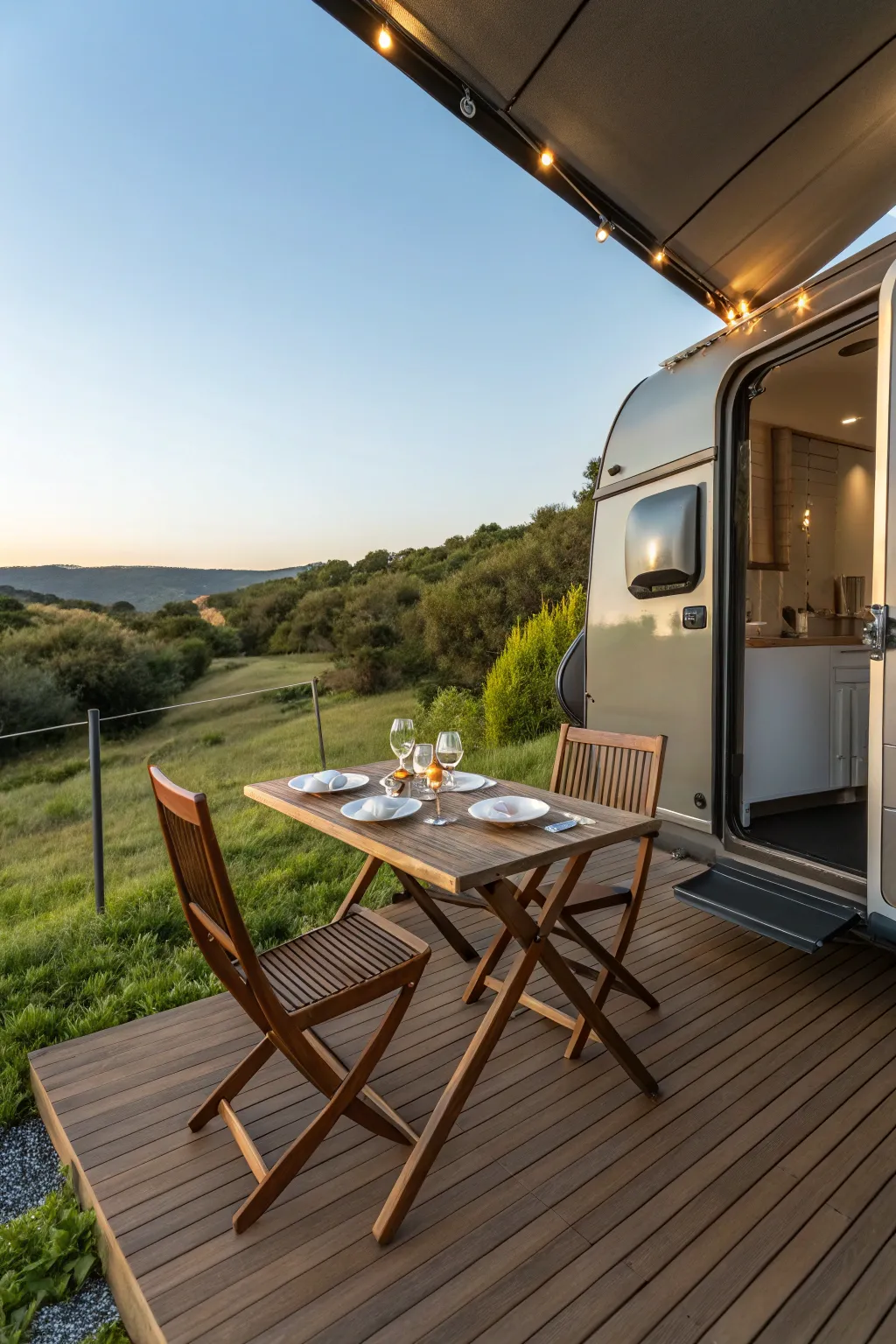 Elevate your outdoor dining experience with a chic and compact dining set for your RV adventures.