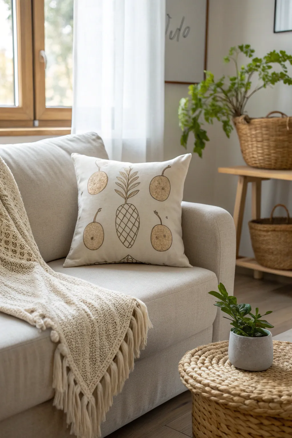 Add a touch of playful comfort to your space with this charming potato-shaped pillow, perfect for any minimalist living room.